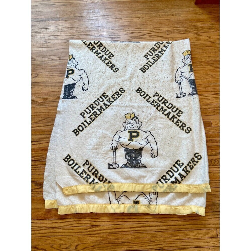 VTG Purdue Throw Blanket Boilermakers Pete Mascot Wool Tapestry Satin Trim Silky